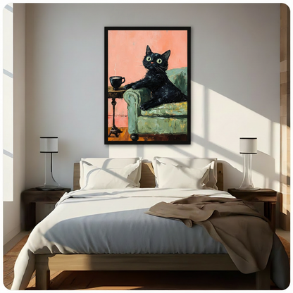 Charming thick impasto oil painting of a sleek black cat lounging sideways across the rolled arm of a vintage mint green sofa gazing upward with large round bright green eyes a small pink nose and long white whiskers next to a slender dark ornate cast iron pedestal table holding a steaming black coffee mug on a warm amber orange hardwood floor with a broad textured coral pink salmon wall in the background rendered in bold expressive oil paint brushwork with heavy visible impasto texture throughout cozy retr