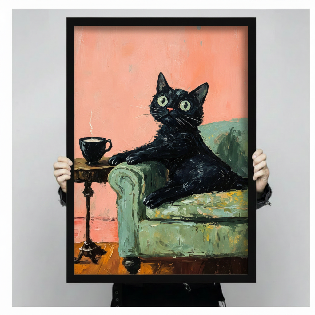 Bold impasto oil painting art print of a plump black cat sprawled over the armrest of a vintage mint green sofa looking upward with wide round vivid green eyes pink nose and long white whiskers beside a tall dark ornate cast iron pedestal side table with a steaming black coffee cup on top on a warm orange wood floor against a bright textured coral salmon pink wall with heavy expressive brushstroke and thick paint texture throughout funny retro black cat coffee cozy art framed print held up for size referenc