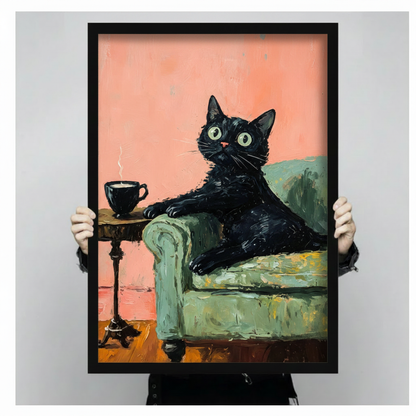 Bold impasto oil painting art print of a plump black cat sprawled over the armrest of a vintage mint green sofa looking upward with wide round vivid green eyes pink nose and long white whiskers beside a tall dark ornate cast iron pedestal side table with a steaming black coffee cup on top on a warm orange wood floor against a bright textured coral salmon pink wall with heavy expressive brushstroke and thick paint texture throughout funny retro black cat coffee cozy art framed print held up for size referenc