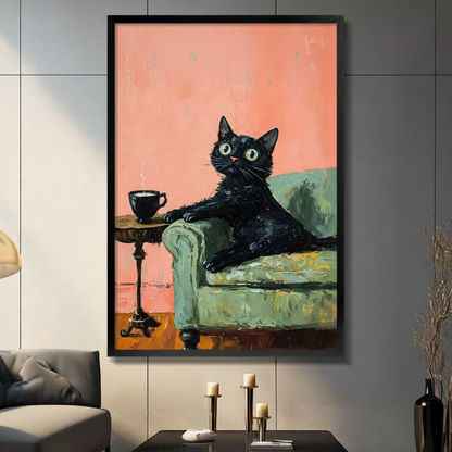 Thick impasto oil painting of a sleek black cat lounging sideways on the rolled arm of a vintage mint green sofa looking upward with wide round bright green eyes a small pink nose and long white whiskers beside a dark ornate cast iron pedestal side table holding a steaming black coffee cup on a warm orange-toned wooden floor against a large expanse of textured coral salmon pink wall painted in bold expressive brushstrokes funny cozy black cat coffee art framed print displayed in a living room with dark gray