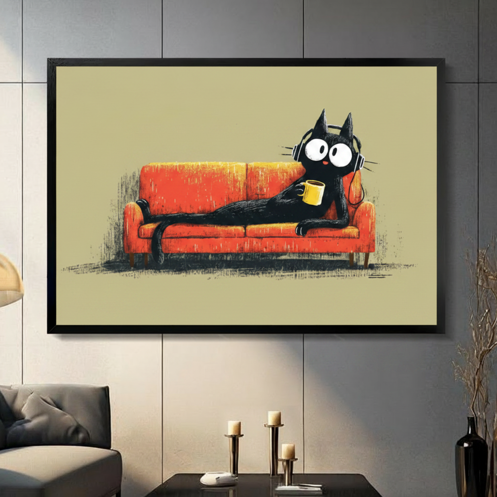Black cat with headphones and coffee mug framed wall art in black float frame displayed on grey panel wall above candle holders