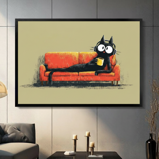 Black cat with headphones and coffee mug framed wall art in black float frame displayed on grey panel wall above candle holders