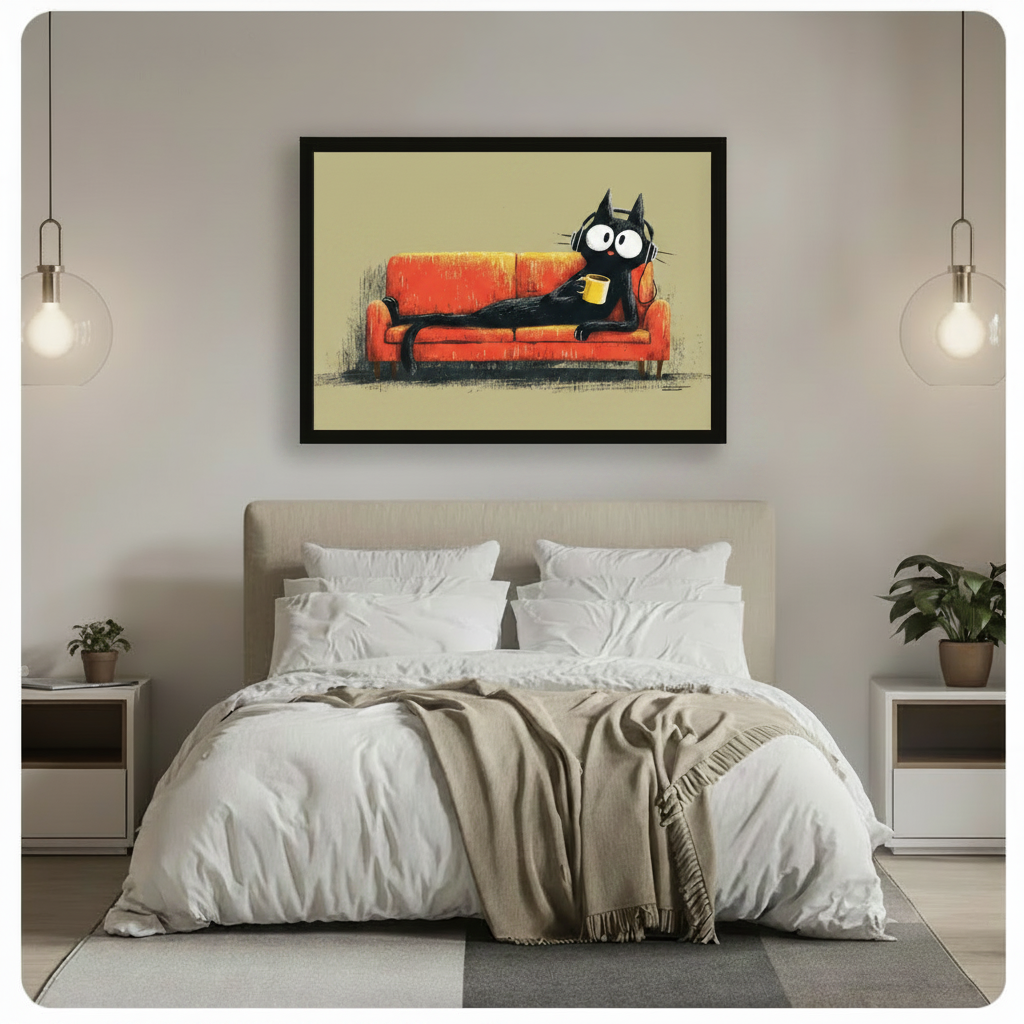 Funny black cat lounging on orange sofa framed print hanging above white bed in modern neutral bedroom