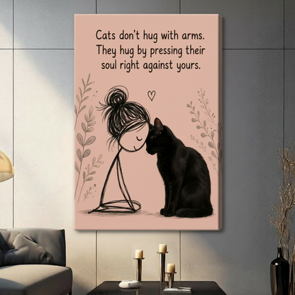 Canvas wall art featuring a black cat and stick figure girl with heartfelt cat lover quote, displayed in modern living room