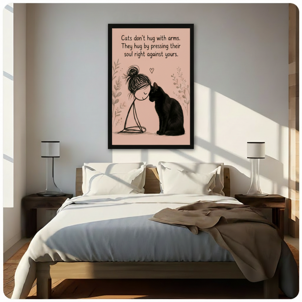 Black framed cat lover quote poster above bed in sunlit bedroom — black cat pressing soul against girl illustration wall art