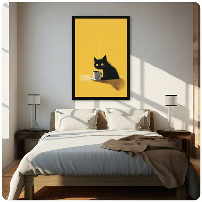 Black cat with steaming espresso cup framed canvas art hung above bed in bright minimalist bedroom