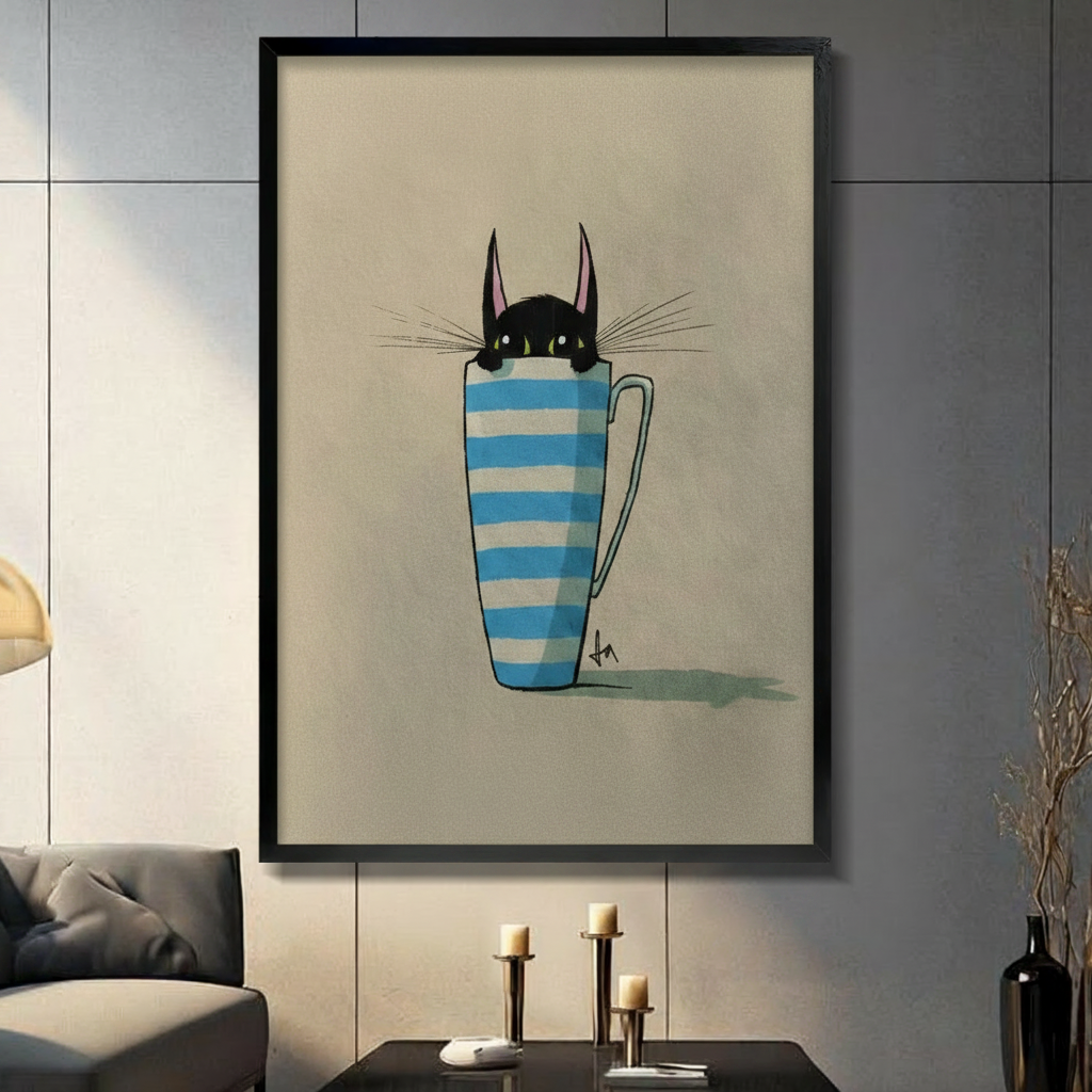 Whimsical black cat peeking out of blue striped mug, framed canvas wall art in black frame hung on grey tile wall in modern living room