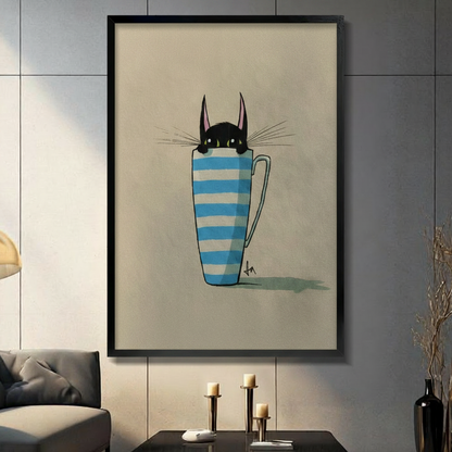 Whimsical black cat peeking out of blue striped mug, framed canvas wall art in black frame hung on grey tile wall in modern living room