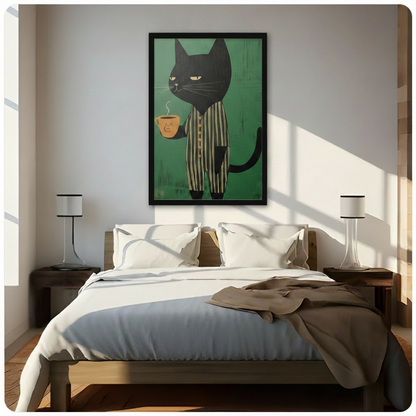 Black framed black cat in striped pajamas holding a steaming mug, canvas wall art hung above a bed in a bright minimalist bedroom with wooden nightstands