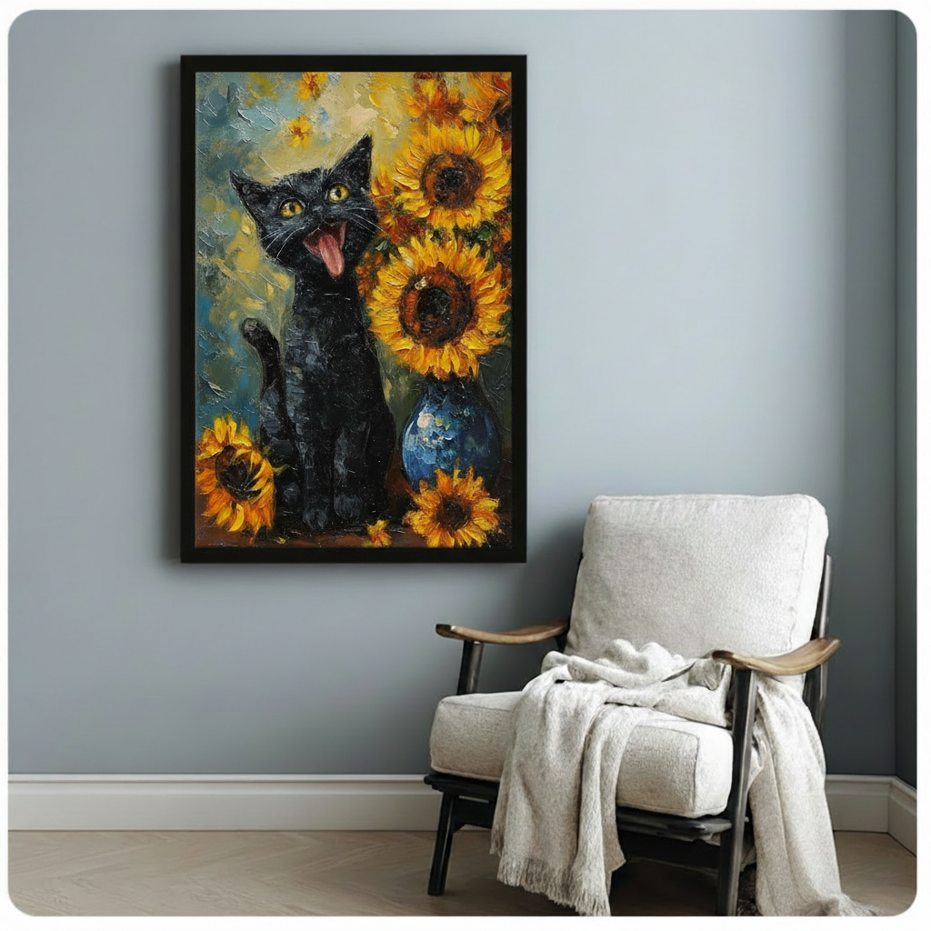 Black cat sunflower wall art in black frame displayed on a light blue wall beside a linen armchair, bold oil painting aesthetic