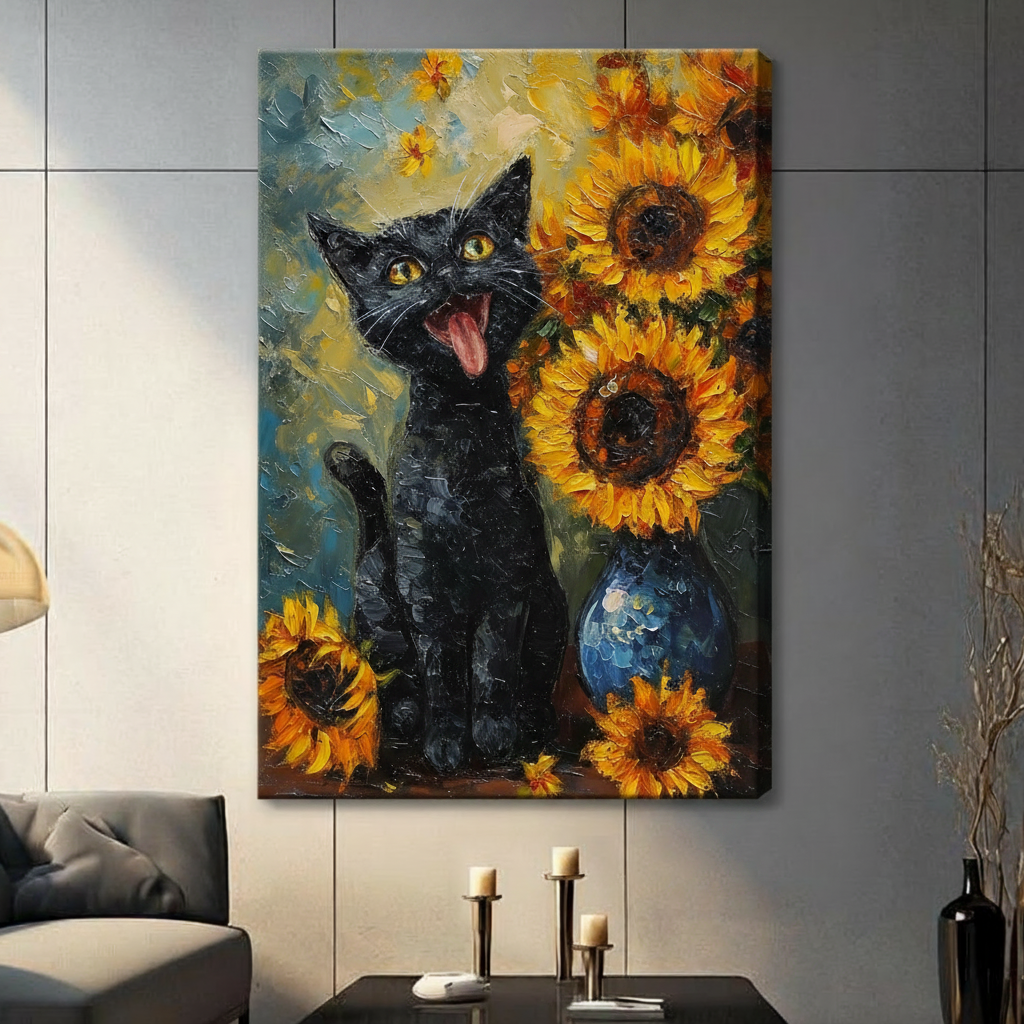 Canvas wall art featuring a whimsical black cat sticking out its tongue beside a sunflower bouquet, impressionist oil painting style