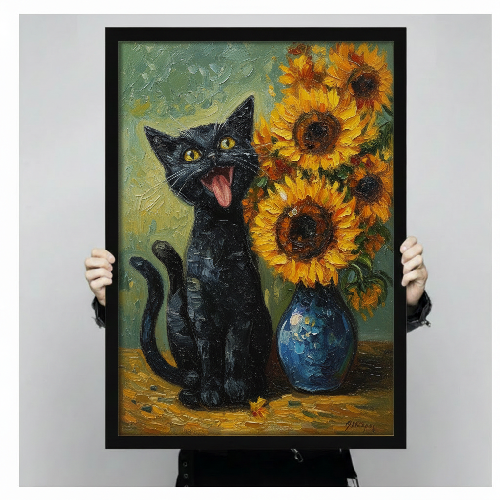 Close-up of a framed black cat and sunflower oil painting print held up for size reference, expressive cat face with yellow eyes