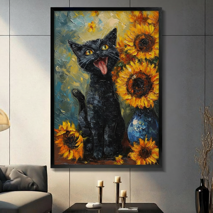Framed wall art print of a playful black cat with sunflowers in a blue vase, oil painting style, displayed in a modern living room
