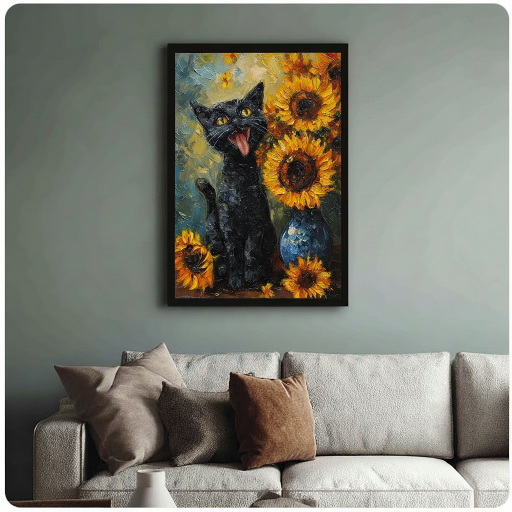 Framed black cat and sunflower oil painting poster hung above a neutral sofa, vibrant yellow and teal tones, living room wall decor