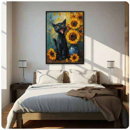 Black cat with sunflowers framed art print hung above a white bed in a bright bedroom, warm sunlight, cat lover home decor