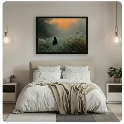 Framed black cat sunrise mist canvas art hung above bed in minimalist neutral bedroom
