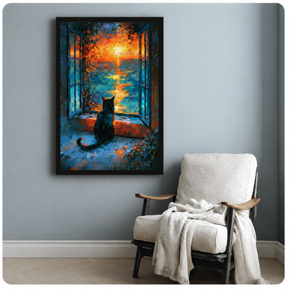 Black cat sunset canvas wall art above a white armchair, showing a cat watching warm sunset light through a window