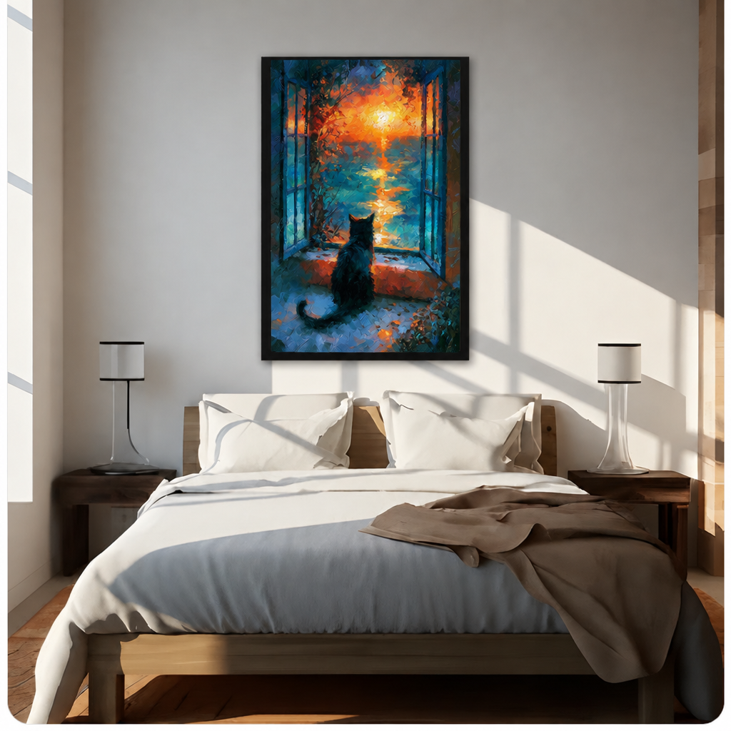  Black cat sunset canvas wall art above a bed, featuring a cat looking through an open window at a glowing sunset