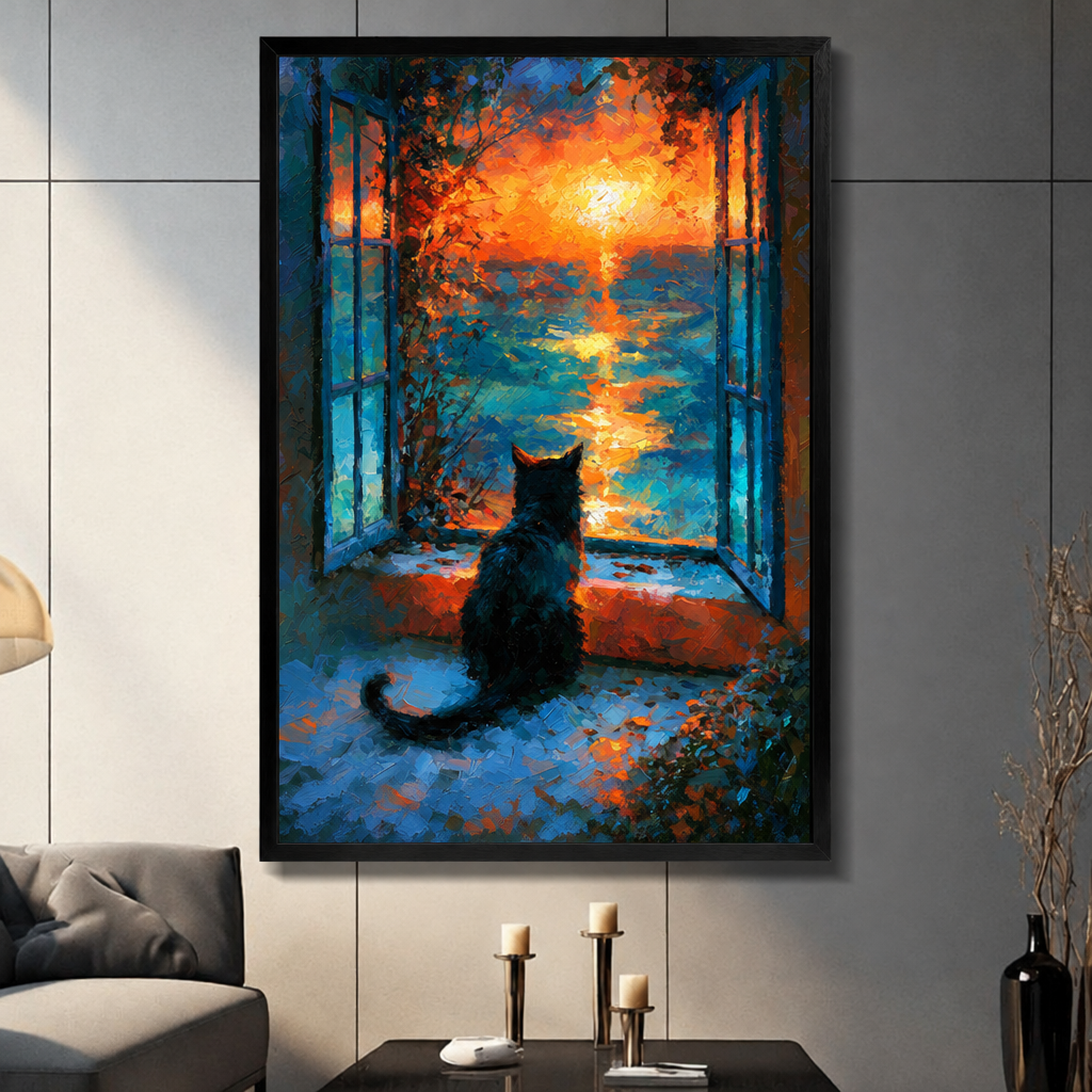 Black cat sunset canvas wall art displayed in a living room, showing a cat watching the autumn sunset through an open window