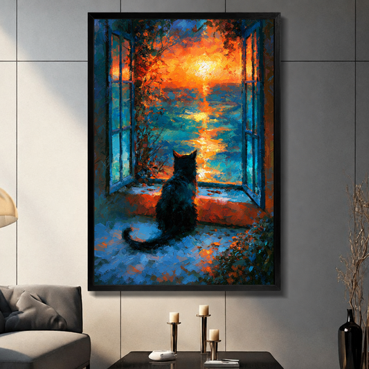 Black cat sunset canvas wall art displayed in a living room, showing a cat watching the autumn sunset through an open window