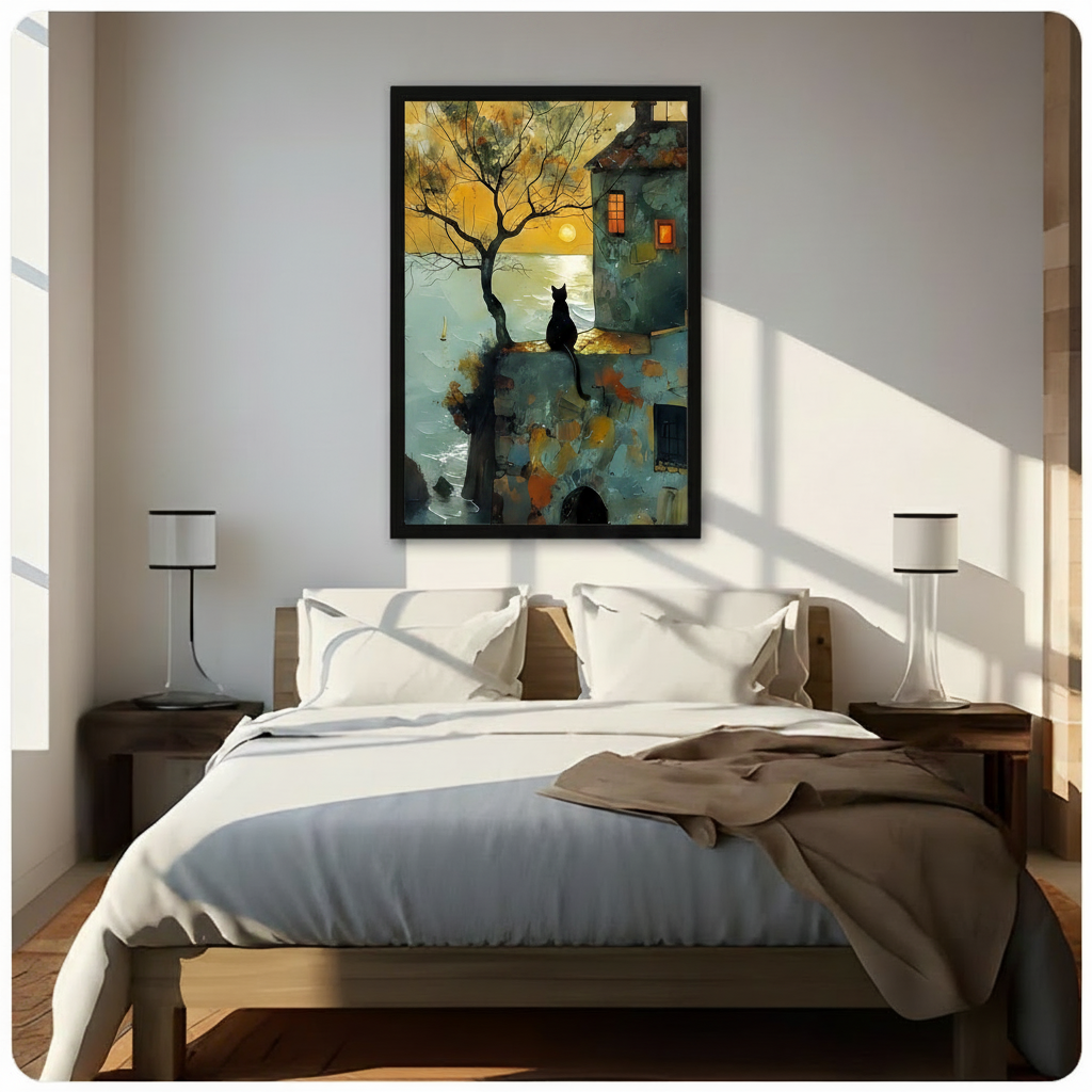 Black cat sunset coastal framed canvas print displayed above a bed with white linen bedding, wooden nightstands, and table lamps in a cozy bedroom