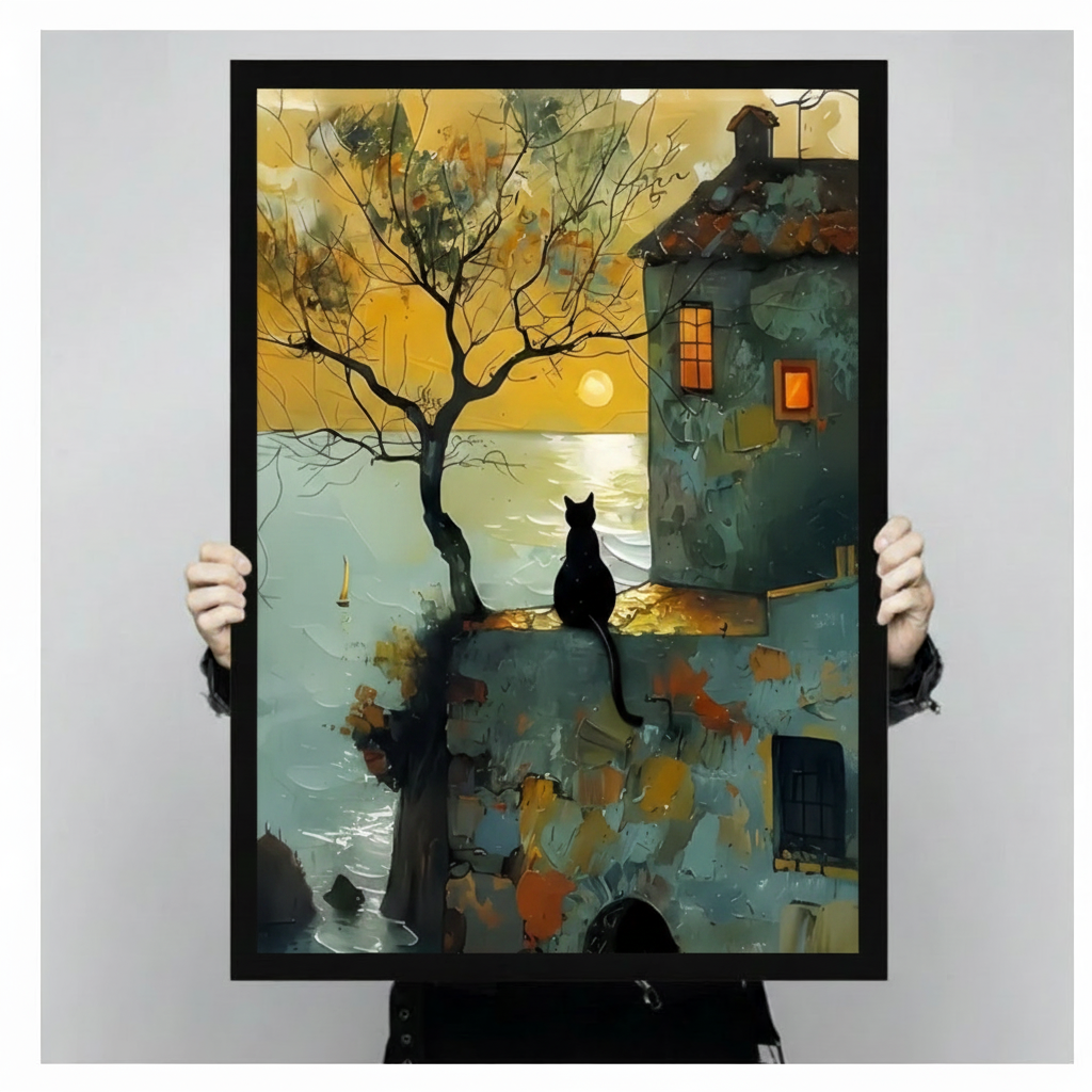 Black cat silhouette golden sunset impressionist canvas print in black frame held up against a light gray backdrop showing full print size
