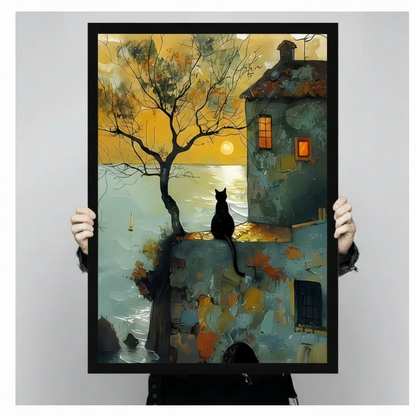 Black cat silhouette golden sunset impressionist canvas print in black frame held up against a light gray backdrop showing full print size