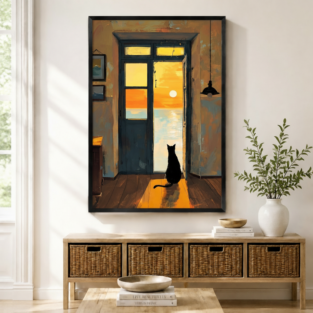 Framed black cat sunset wall art print — silhouetted cat gazing through an open door at a golden ocean sunset, displayed above a wicker console in a bright entryway