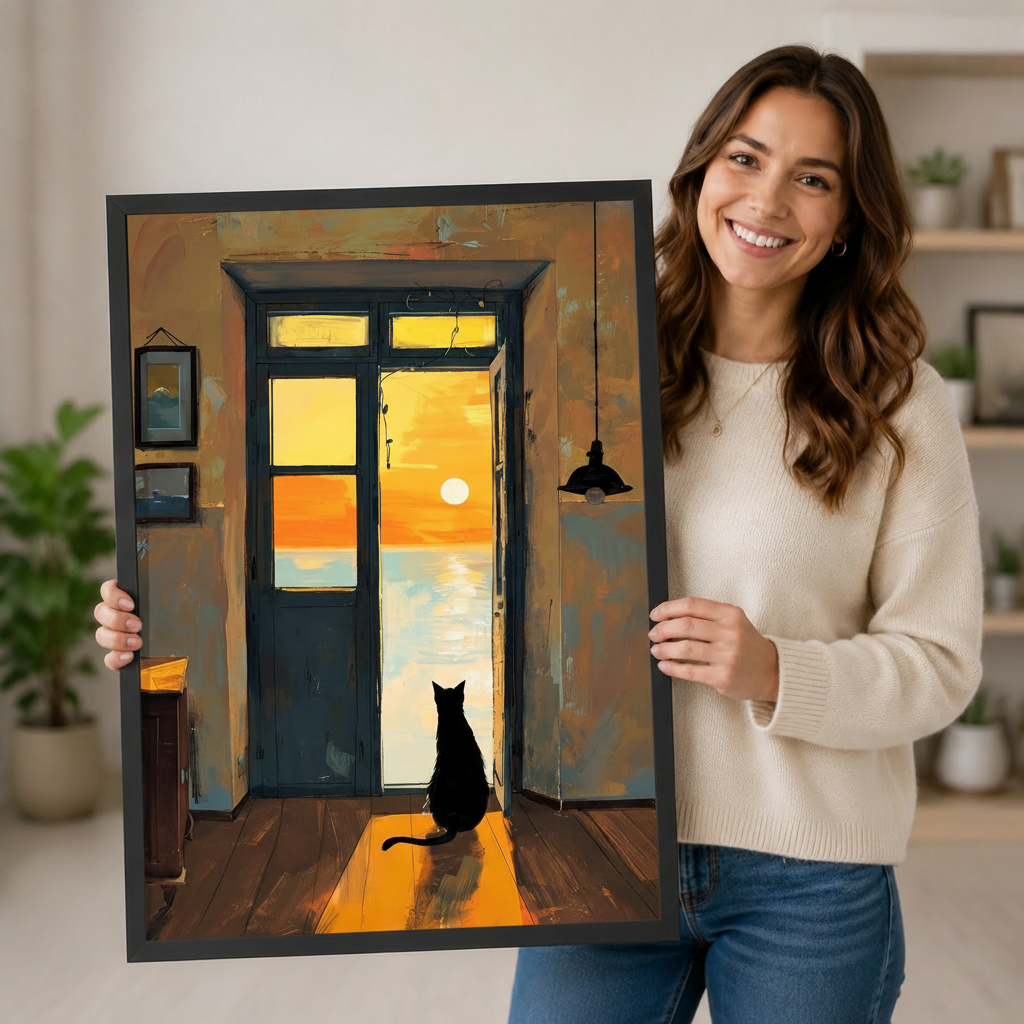 Smiling woman holding a large framed black cat sunset art print with warm orange and teal tones, showing black frame finish and print scale against a home interior background