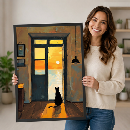 Smiling woman holding a large framed black cat sunset art print with warm orange and teal tones, showing black frame finish and print scale against a home interior background