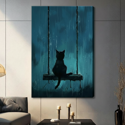 Black cat on a rainy swing canvas print — unframed wall art in a contemporary dark living room setting