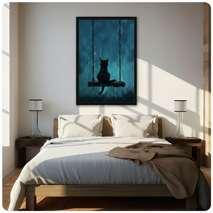 Framed black cat swing rain wall art above a wooden bed — moody teal canvas print for bedroom decor