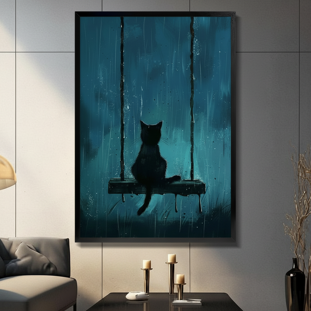 Black cat silhouette sitting on a swing in the rain — framed canvas wall art displayed in a moody dark living room