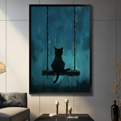 Black cat silhouette sitting on a swing in the rain — framed canvas wall art displayed in a moody dark living room