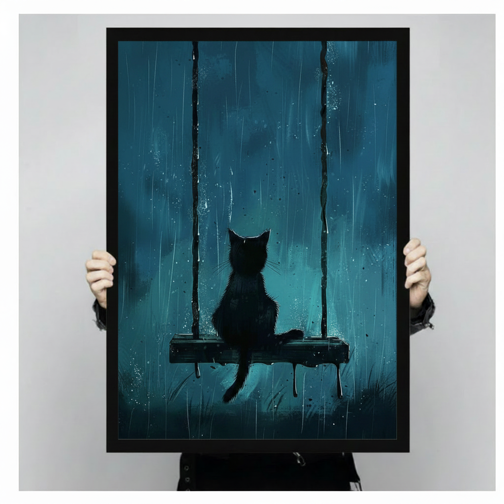 Person holding a framed black cat on swing in rain canvas print — teal gothic wall art close-up product shot
