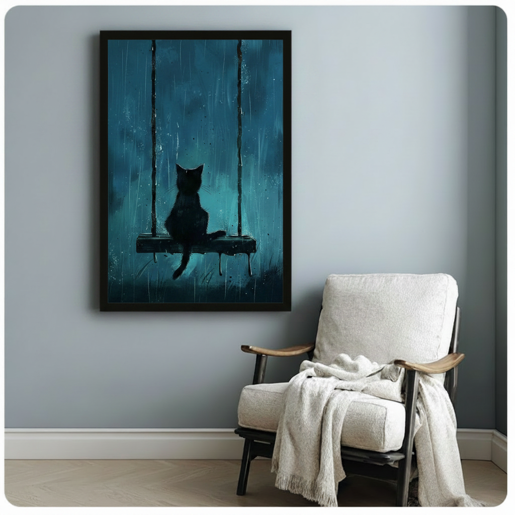 Black cat silhouette swing rain framed poster in a cozy reading nook with white armchair — atmospheric wall art