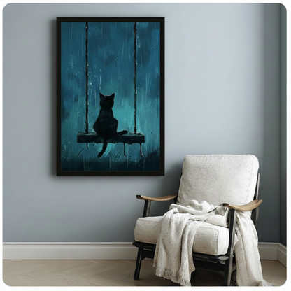 Black cat silhouette swing rain framed poster in a cozy reading nook with white armchair — atmospheric wall art