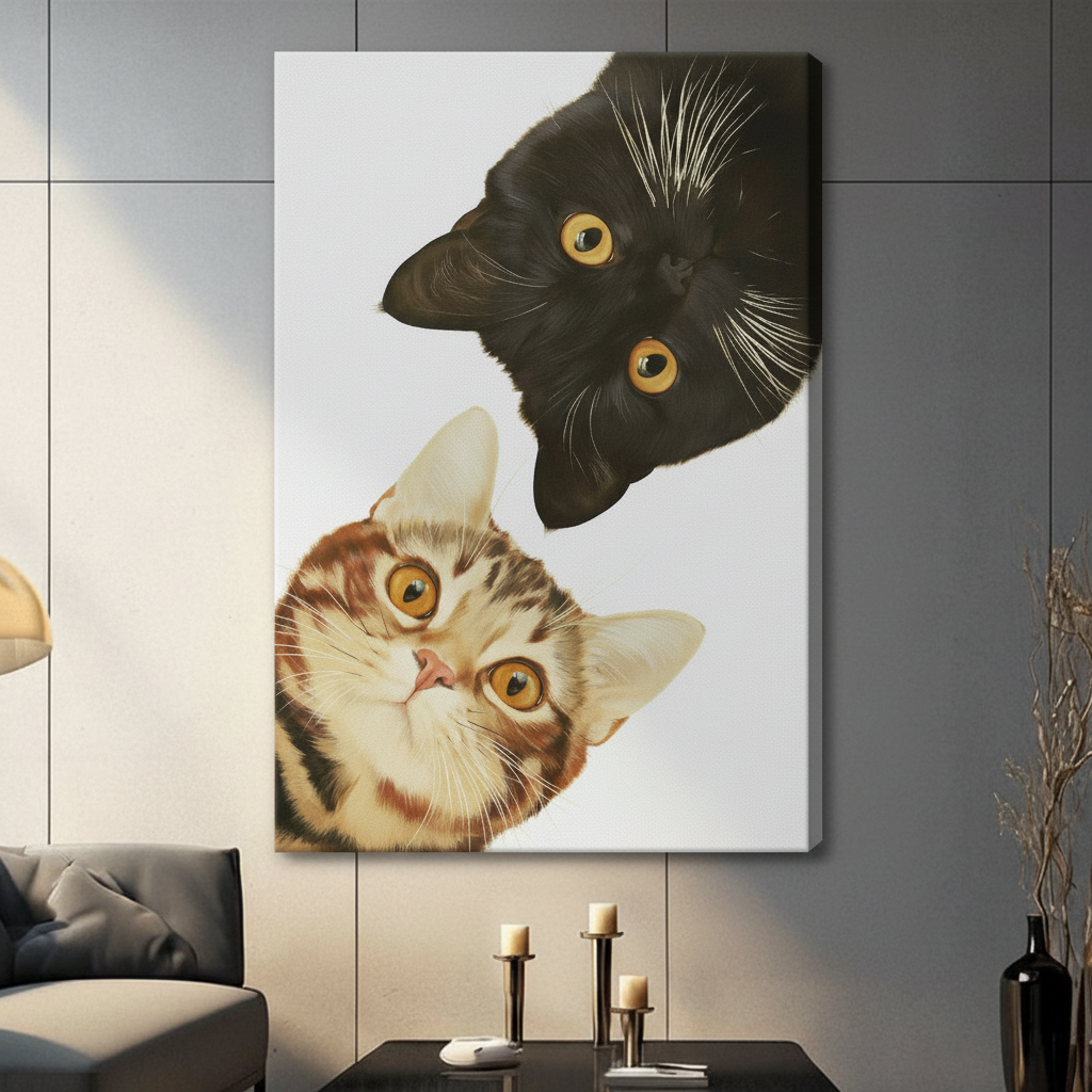 Gallery wrap canvas of curious black cat and striped tabby cat looking down, photorealistic cat portrait wall art for living room or cat lover home decor