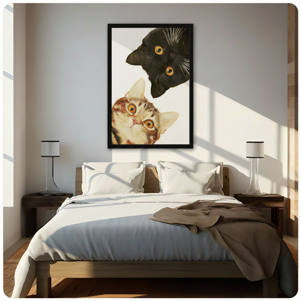 Framed realistic two cats peeking wall art above bed in bright minimalist bedroom, black cat and tabby cat portrait print perfect as cat lover gift