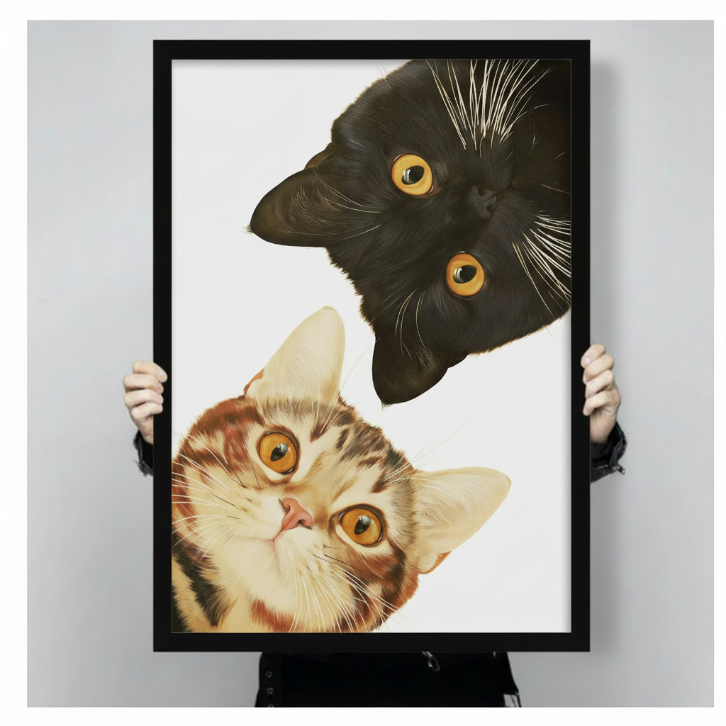 Close-up of black framed black and tabby cat peeking wall art print held by hands, showing detailed realistic fur texture and expressive golden eyes
