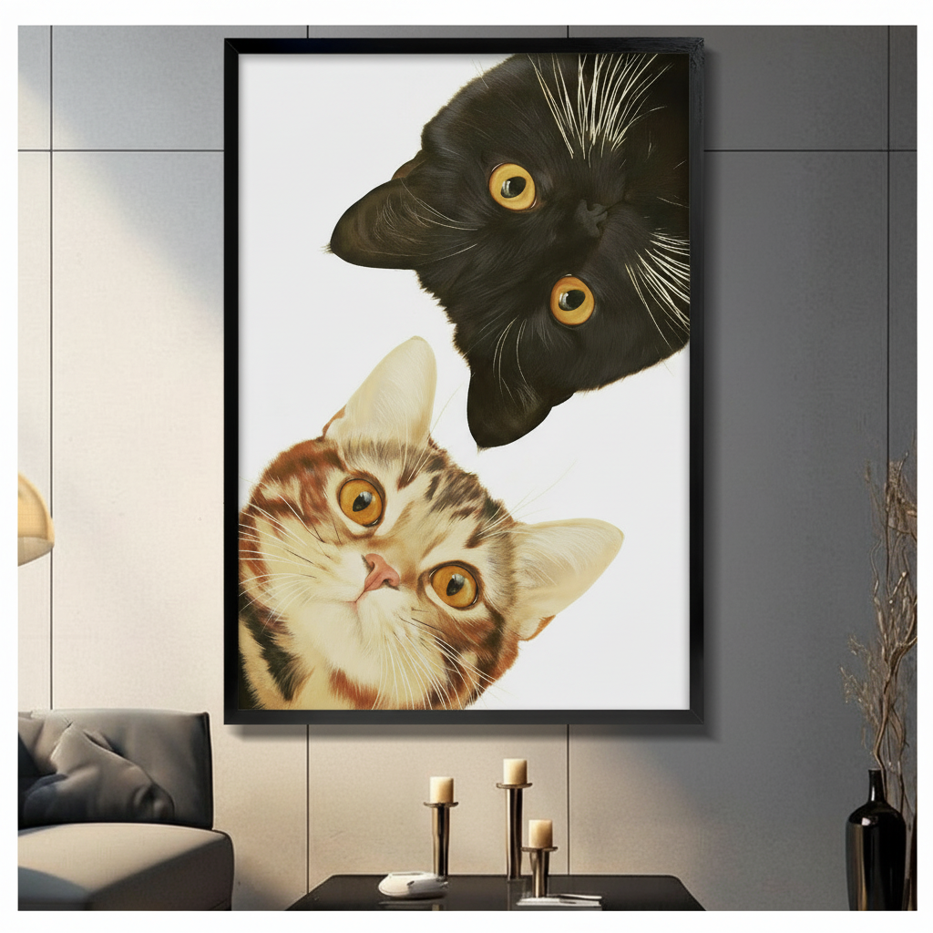 Framed black cat and tabby cat peeking wall art print displayed in modern living room, realistic oil painting style two cats with golden eyes on white background