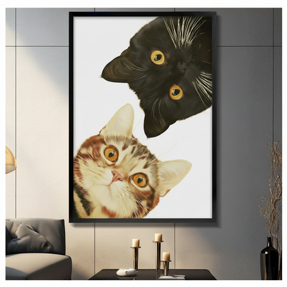 Framed black cat and tabby cat peeking wall art print displayed in modern living room, realistic oil painting style two cats with golden eyes on white background