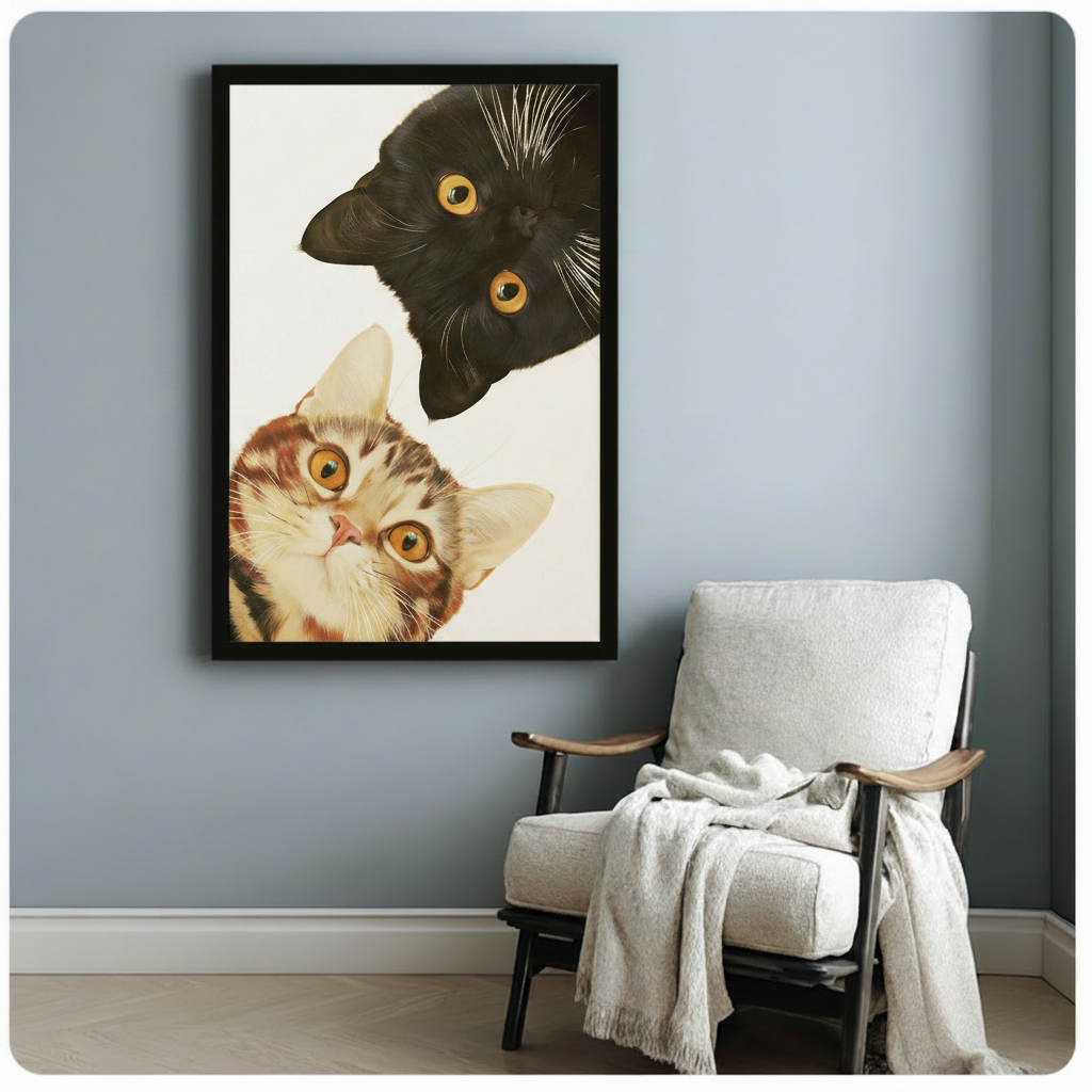 Black framed two cats peeking art print on blue-gray wall beside linen armchair, realistic cat portrait with amber eyes for minimalist home decor