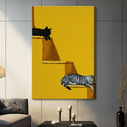 Unframed canvas print of black cat and sleeping striped tabby on yellow stairs, bold minimalist cat wall art