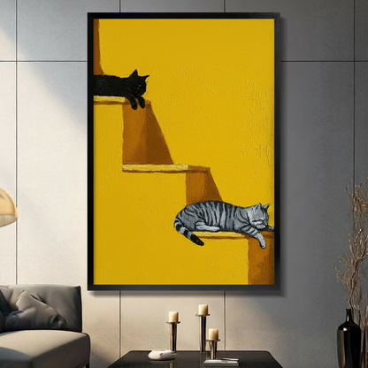 	Large framed black and tabby cat yellow staircase canvas art on grey panel wall with candles and decorative vases