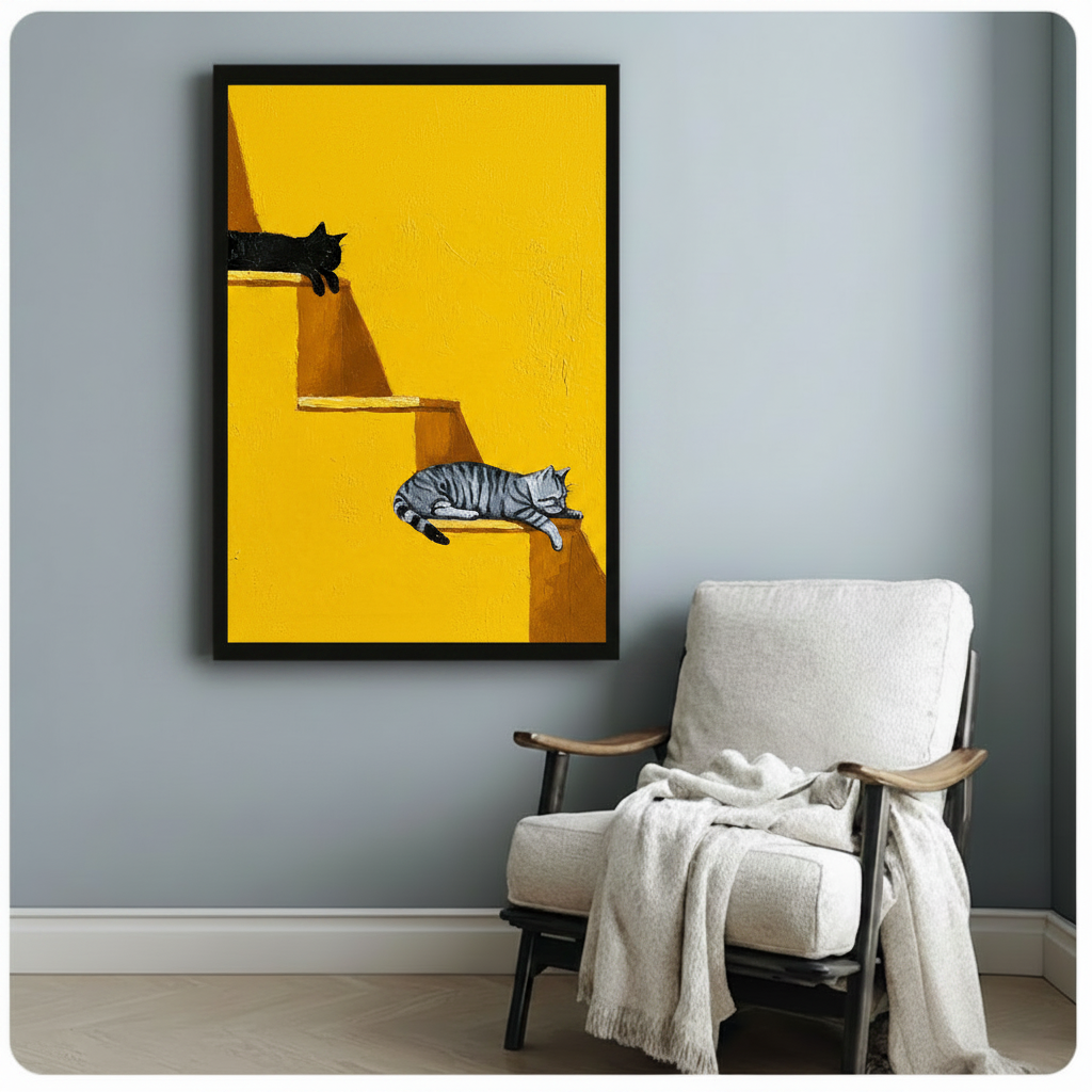 	Framed black cat and sleeping tabby on yellow stairs oil painting wall art, displayed on grey wall above white accent chair