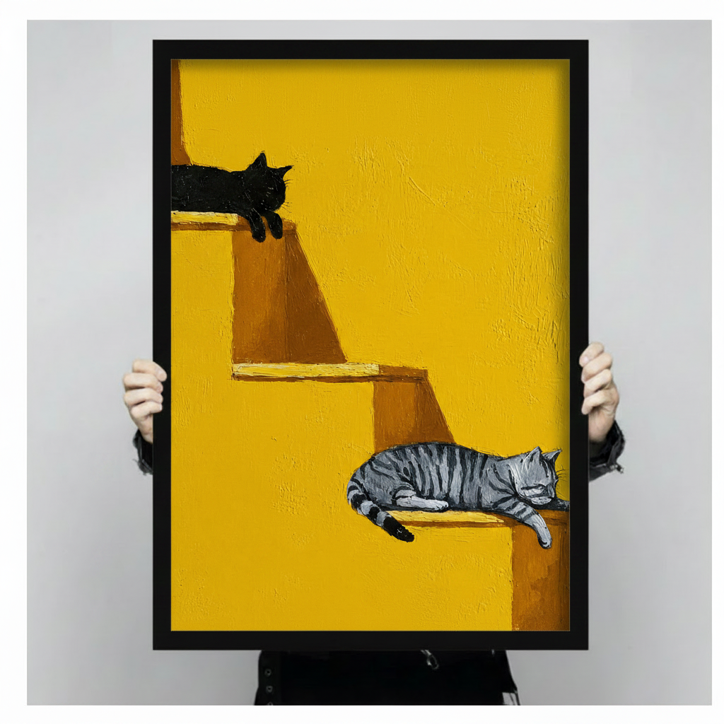 Hand-held framed canvas print of black cat and grey tabby lounging on bold yellow staircase, oil painting style