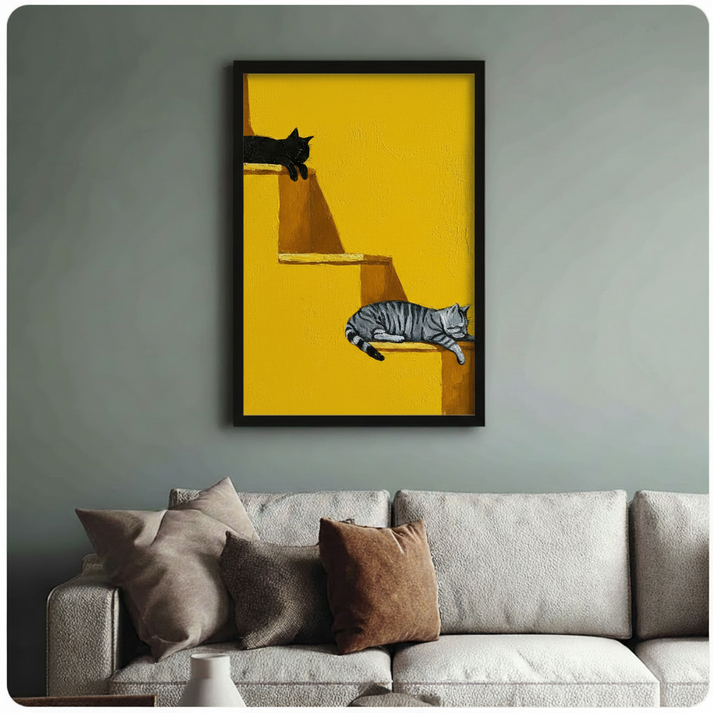 Framed yellow stairs cat painting above linen sofa on sage green wall, lazy cats oil painting home decor
