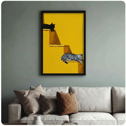 Framed yellow stairs cat painting above linen sofa on sage green wall, lazy cats oil painting home decor