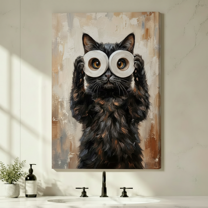 Frameless canvas print of fluffy black cat using toilet paper rolls as binoculars humorous oil painting bathroom wall decor